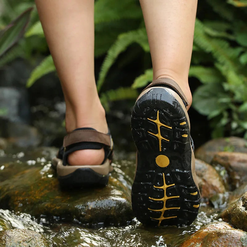 Men's Sandals Top Cowhide Upper Hollow Out Round Toe Outdoor Beach Walking Non Slip Durable Summer Beach Shoes Adjustable Buckle - Sun Studio
