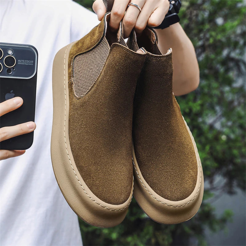 Fashion Brand Men Genuine Leather Mid Top Boots with British Style Autumn Winter Men Anti Slip and Wear-resistant Chelsea Boots - Sun Studio