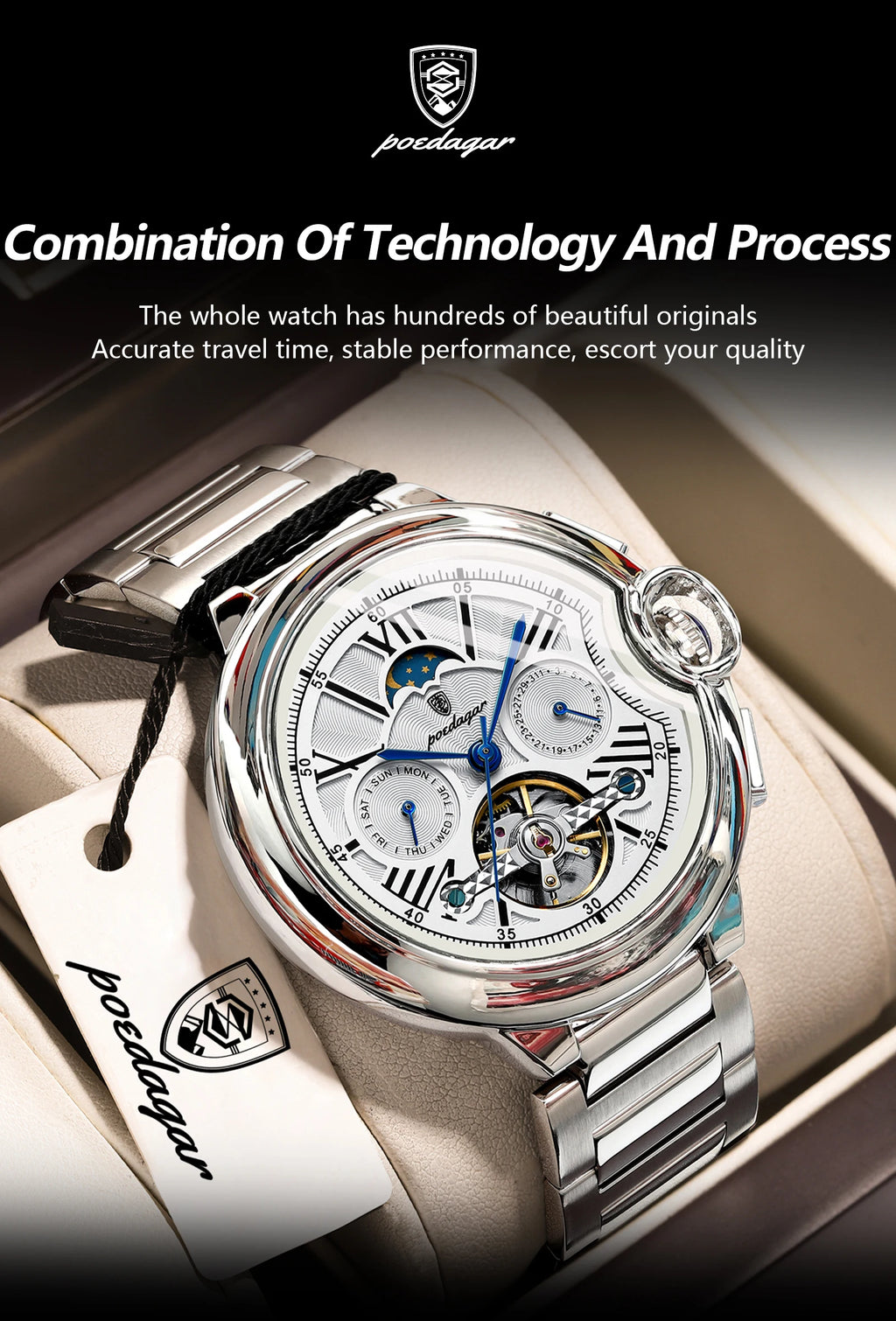 POEDAGAR Luxury Male Watch Business Date Week Stainless Steel Tourbillon Men Clock Waterproof Automatic Mechanical Men's Watches - Sun Studio