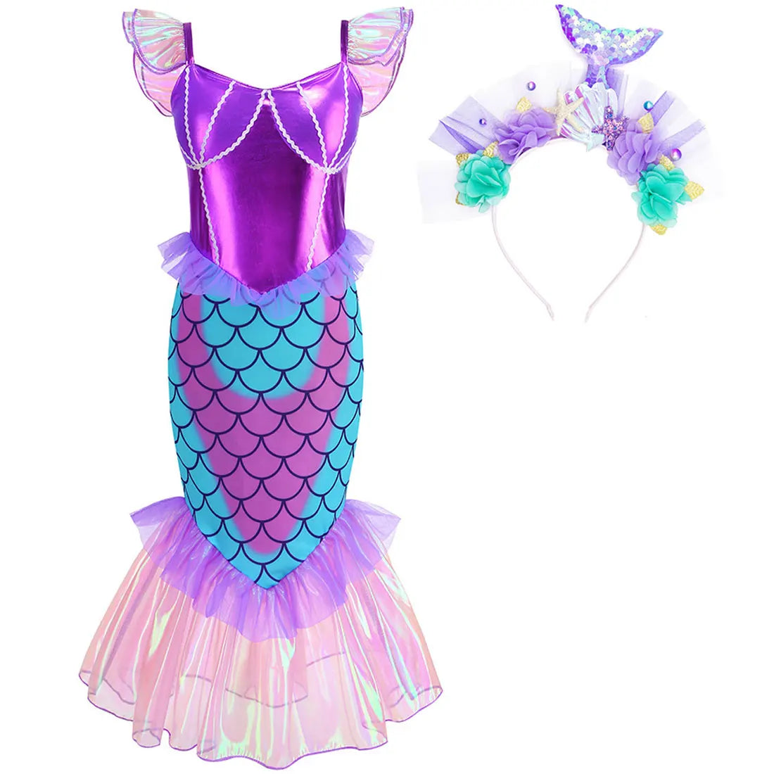 Disney Blue Red Purple Three Colors Mermaid Flying Sleeve Fishtail Beautiful Dress For Girl Summer Beach Party Cool Swimsuit Set - Sun Studio