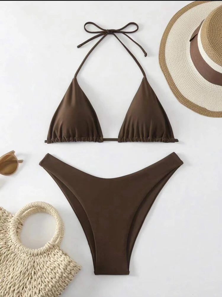 New Halter Bikini Women Solid Color Two-Piece Set Sexy Split Swimsuit Yellow Red Black Coffee White Pink Lace Up Bathing Suit - Sun Studio