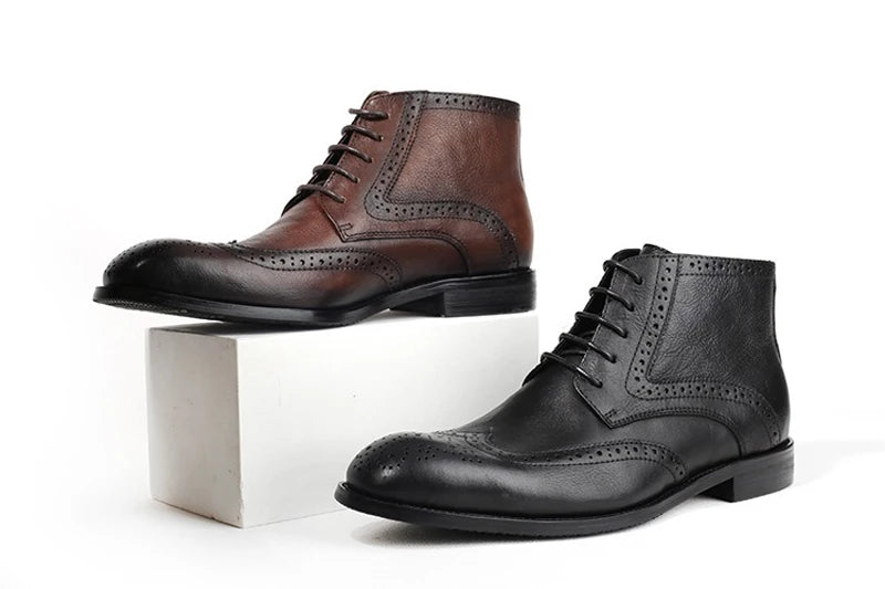 British Brock Carved Leather Boots Retro Business Formal Leather Shoes Fashion Men's Boots Cowhide Men's Short Boots - Sun Studio