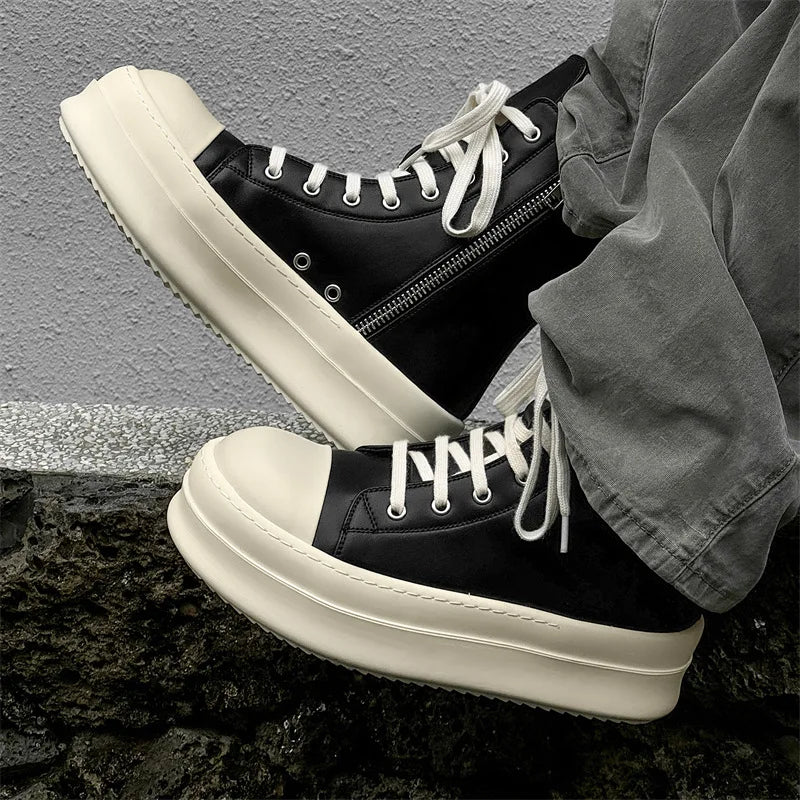 Cow split leather men leisure boots lace up black white shoes casual platform - Sun Studio