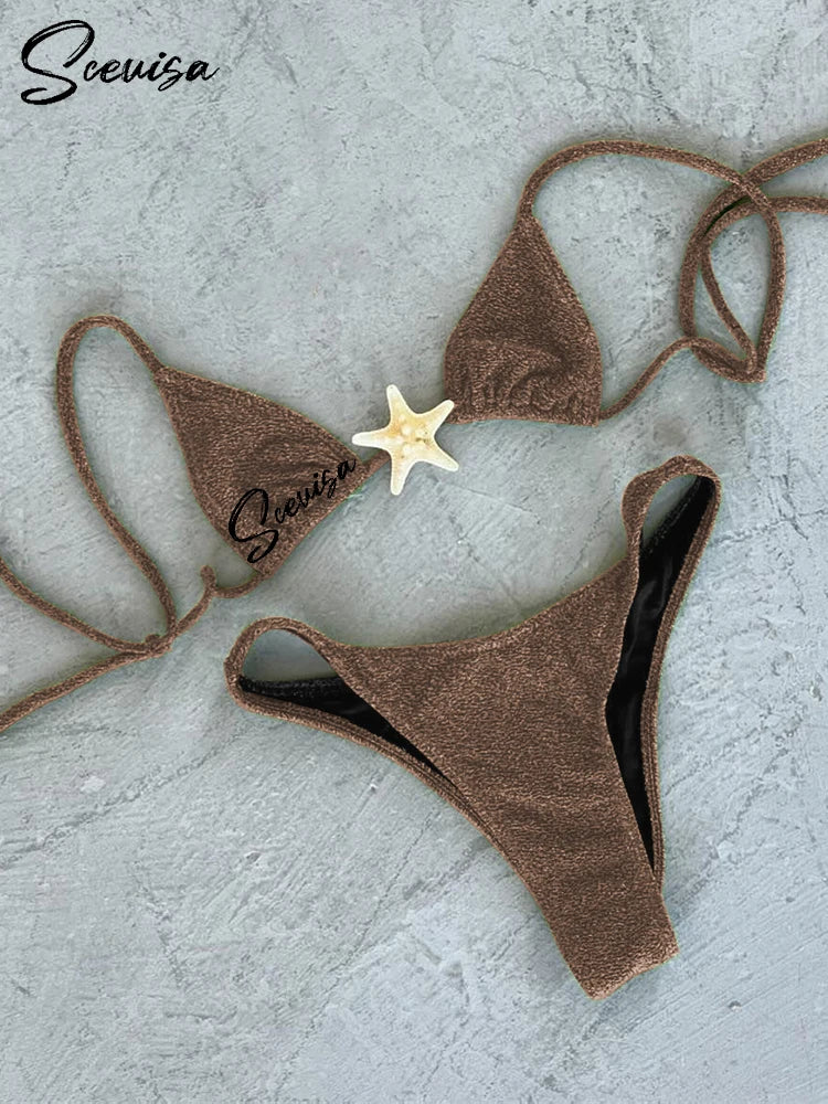 2024 New Sexy Low Waisted Bikini Set Swimsuit Starfish Swimwear Women Solid Strappy Beachwear Bathing Suits Brazilian biquini - Sun Studio