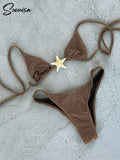2024 New Sexy Low Waisted Bikini Set Swimsuit Starfish Swimwear Women Solid Strappy Beachwear Bathing Suits Brazilian biquini - Sun Studio
