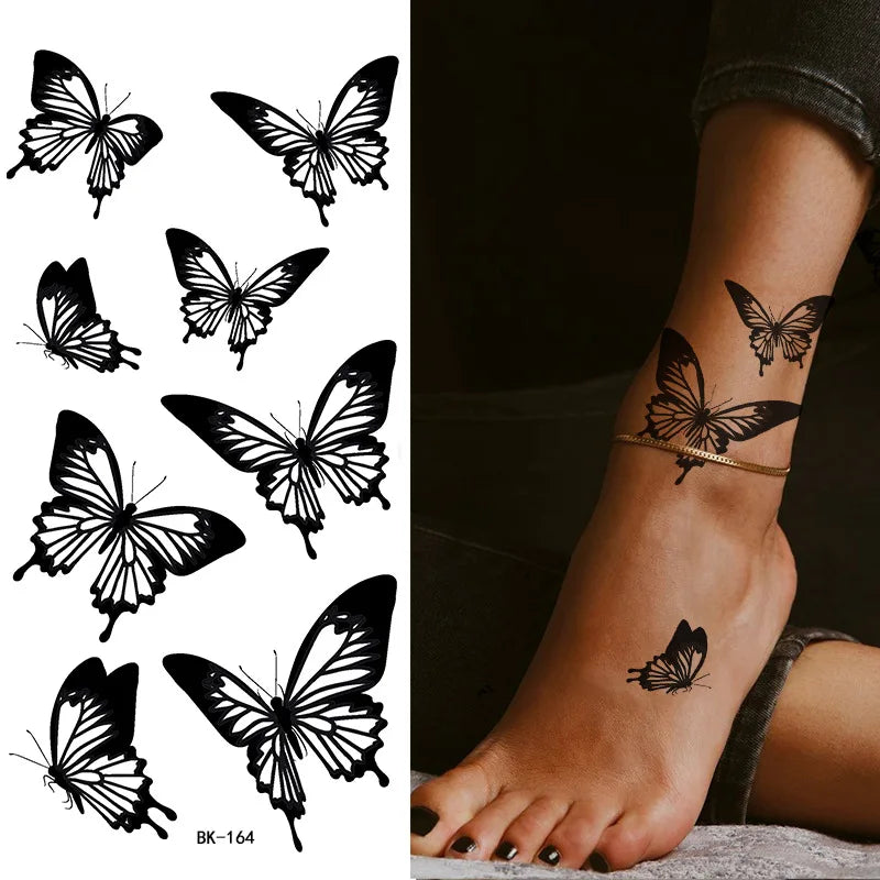 Schwarz Weiß Temporäre Transfer Tattoos Florale Schmetterlinge Schriftzüge Linienkunst Wasserfeste Körperaufkleber für Musikfestival Party