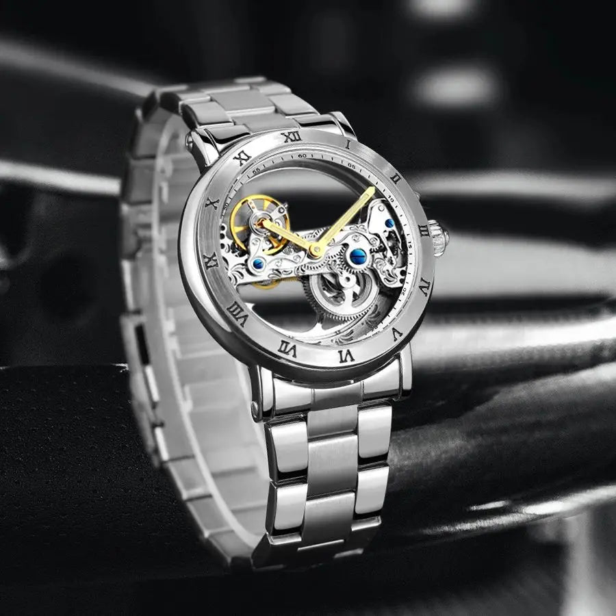 Forsining Silver Skeleton Automatic Watch Men Luminous Hands Business Retro Golden Bridge Mechanical Watches Steel Leather Strap - Sun Studio
