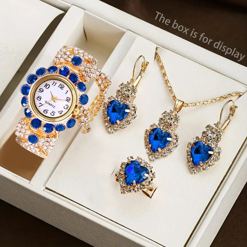 5PCS Luxury Rhinestone Women Watches Jewelry Set Fashion Adjustable Bangle Ladies Quartz Wristwatch Reloj Mujer（Without Box） - Sun Studio