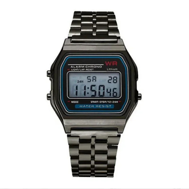 Women Casual LED Electronic Watch Man Retro Stainless Steel Watches for Women Unisex LED Digital Watch Multifunction Wristwatch - Sun Studio