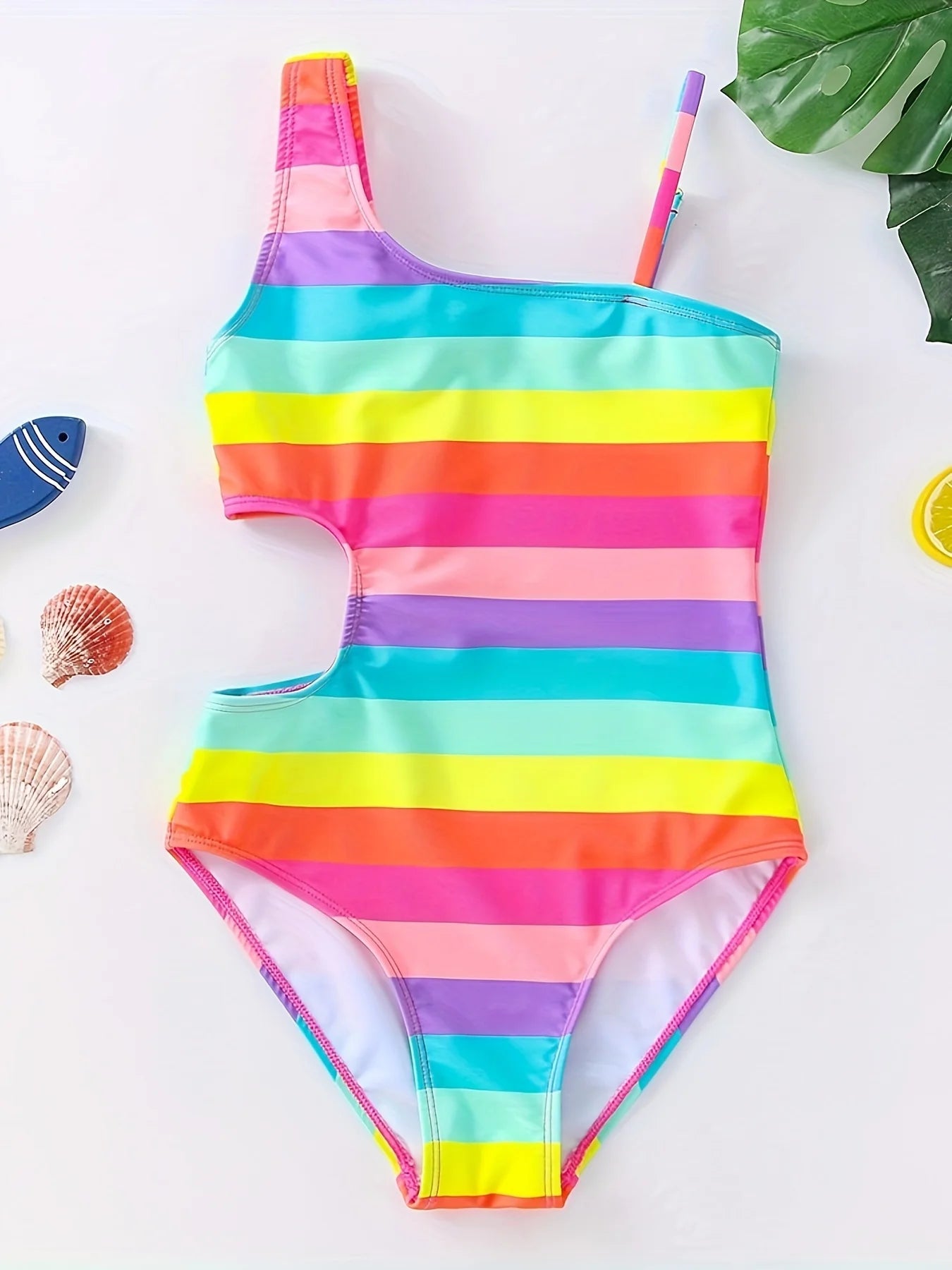 Summer Toddler Girls' Rainbow Horizontal Striped Exposed Waist Casual One-piece Swimsuit - Sun Studio