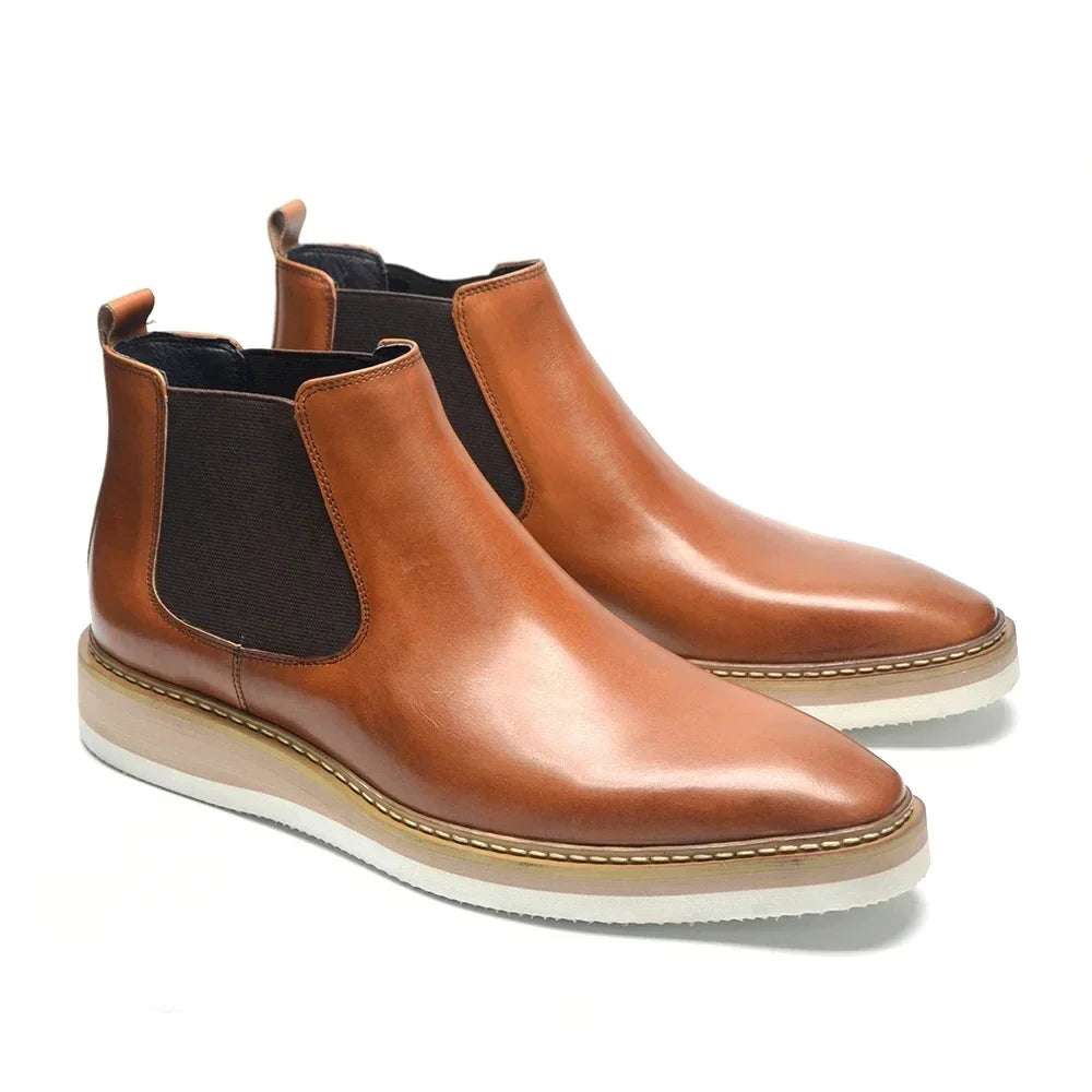 Britischer Stil Kuh Echtes Leder Herren Chelsea Stiefeletten Slip-On Elastisches Band Hohe Sneakers Freizeit Dress Boots für Männer