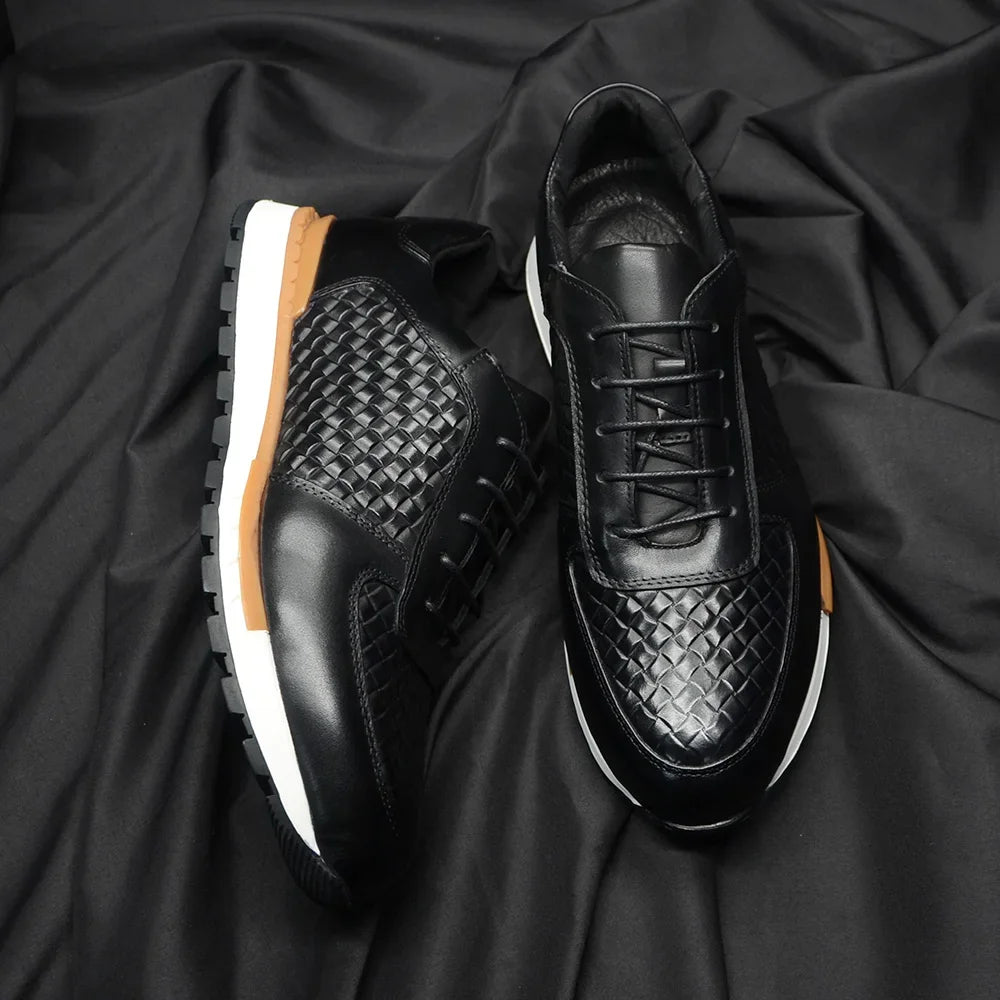 4 Colors Genuine Leather Man Luxury Sneakers Plaid Weave Pattern Lace-up Men Casual White Oxford Shoes Deals Spring Autumn 2024 - Sun Studio