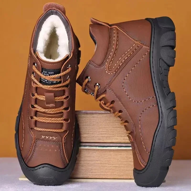 Men's Outdoor Snow Boots Lace-up Cotton Shoes Winter Mens Boots Plush Casual High-top Leather Shoes 2025 Male Sneakers New Bota - Sun Studio