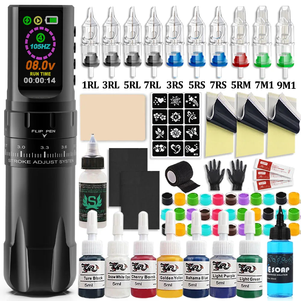 Professional Wireless Tattoo Machine Kit Wireless Rotary Tattoo Pen with Tattoo Cartridge Needles Inks for Tattoo Beginners Set - Sun Studio