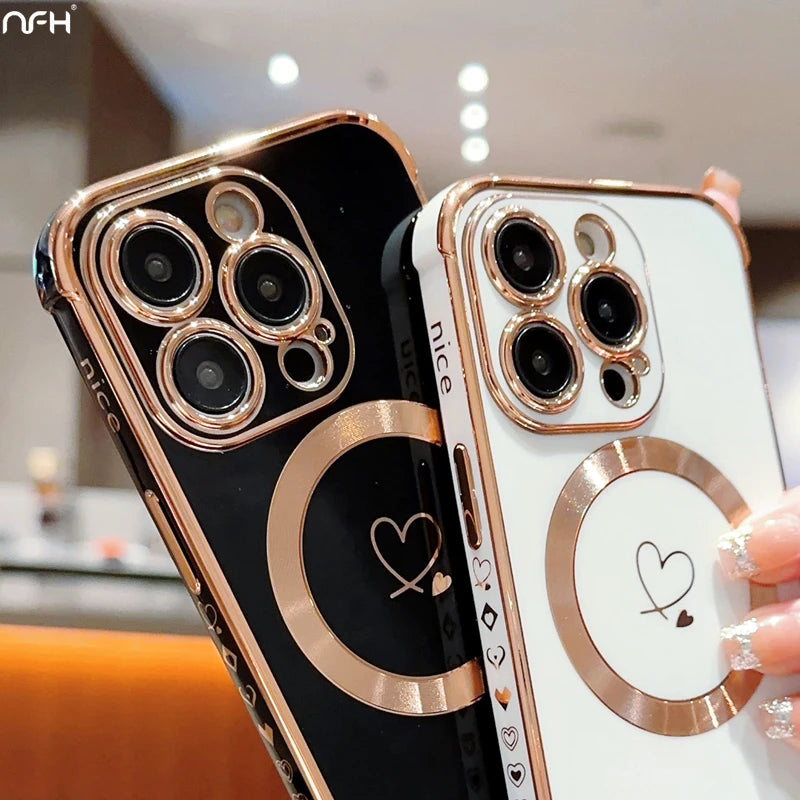 For iPhone 15 Pro Max Luxury Magsafe Magnetic Cute Plating Frame Phone Case For iPhone 11 12 13 14 15 16 Plus 17 Air Back Cover - Sun Studio