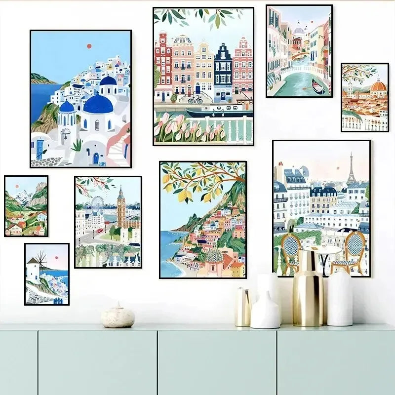 Holland Tulips Poster Santorini Positano Italy Amsterdam Travel City Poster Wall Art Canvas Painting Prints Europe Home Decor - Sun Studio