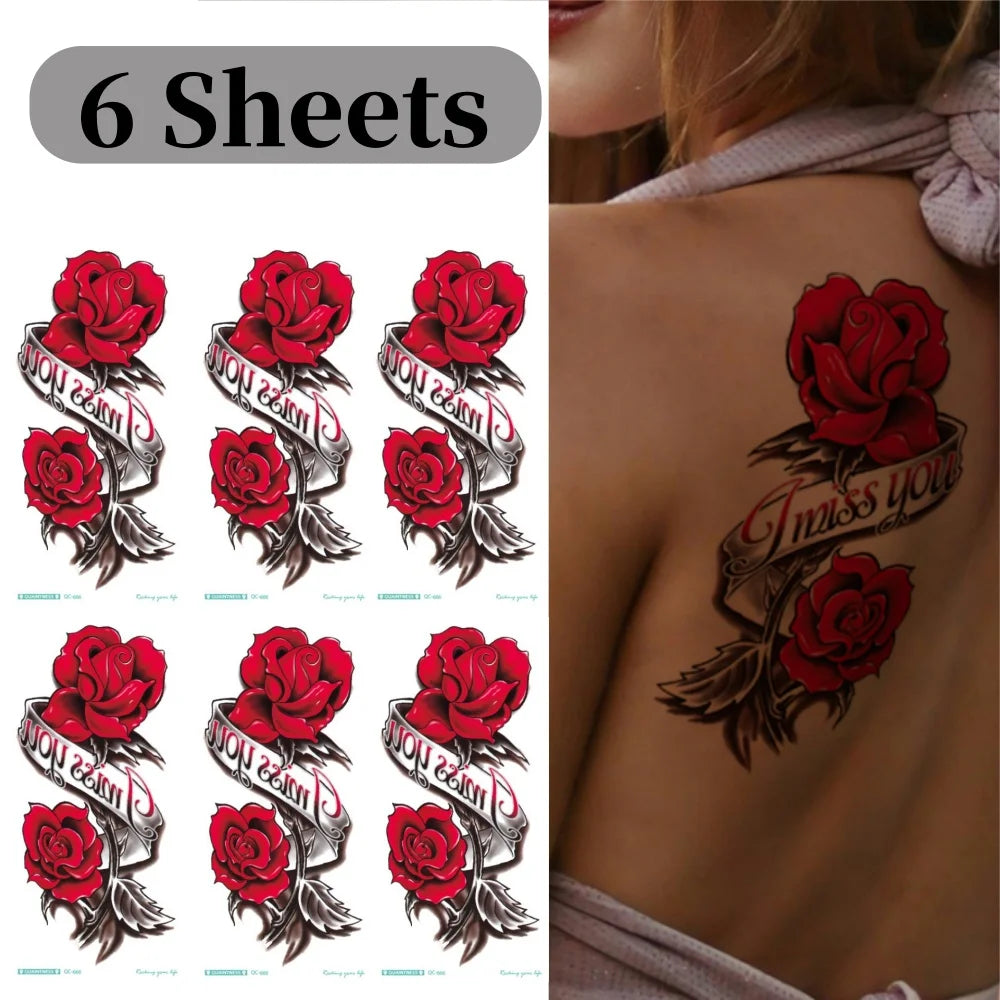 6Sheets Waterproof Bright Flora Rose Flower Tattoo Stickers for Girls Temporary Fake Tattoos for Women Chest Arm Decorations - Sun Studio