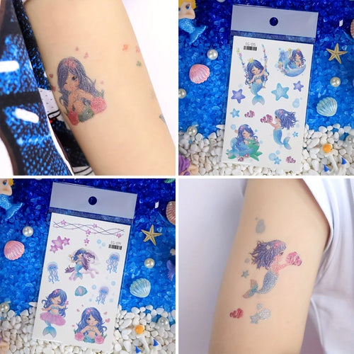 12 Sheets Glitter Mermaid Tattoo Stickers For Kids Cute Unicorn Temporary Tattoos Body Art Fake Tattoo Birthday Party Favors - Sun Studio