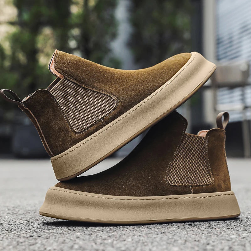 Fashion Brand Men Genuine Leather Mid Top Boots with British Style Autumn Winter Men Anti Slip and Wear-resistant Chelsea Boots - Sun Studio