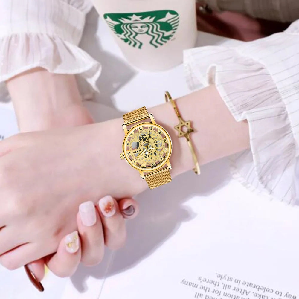 Free Shipping New Fashion Women Hollow Skeleton Faux Mechanical Watch Ladies Metal Mesh Quartz Watches For Gift Relogio Feminino - Sun Studio
