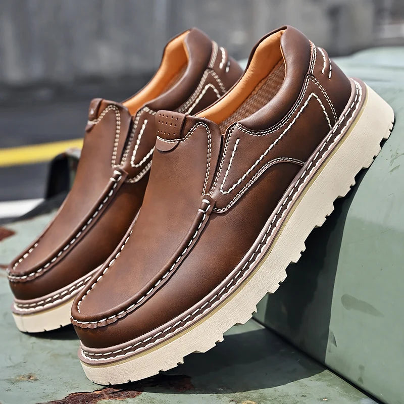 Trendy New Style Men's Genuine Leather Shoes Thick Soled Tooling Shoes Men's Oxford Shoes Lace Up Business Shoes Outdoor Loafers - Sun Studio