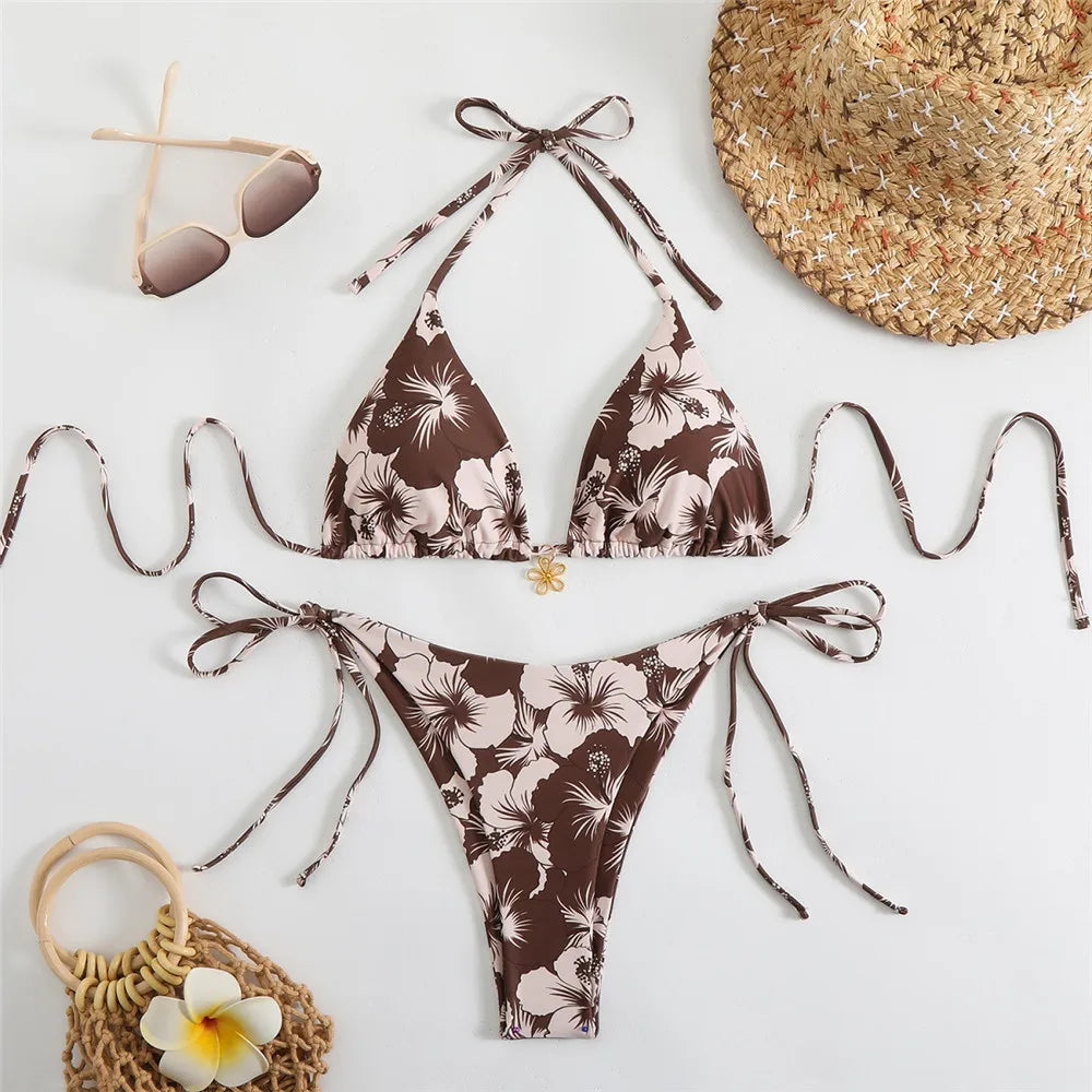 Blue Floral Print Swimwear Halter String Triangle Bikini Micro Mini Thong Sexy Swimsuit Women 2026 Bather Biquinis Bikinis Sets - Sun Studio