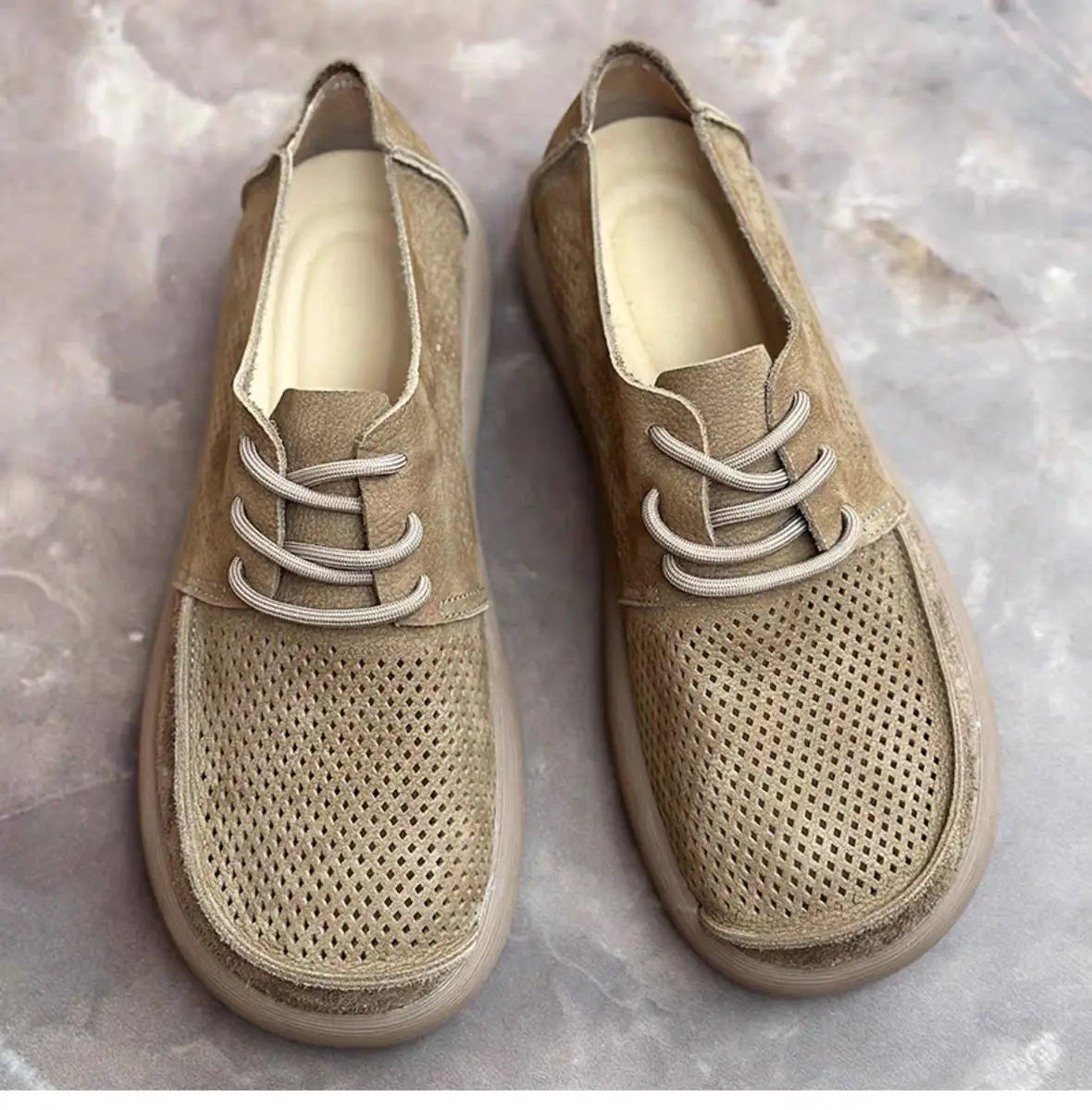 Wide toe hollow natural leather shoes men's 2025 summer new cowhide punched breathable soft leather soft sole singlecasual shoes - Sun Studio