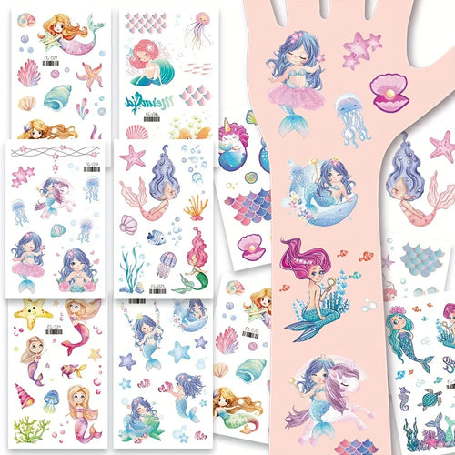 12 Sheets Glitter Mermaid Tattoo Stickers For Kids Cute Unicorn Temporary Tattoos Body Art Fake Tattoo Birthday Party Favors - Sun Studio