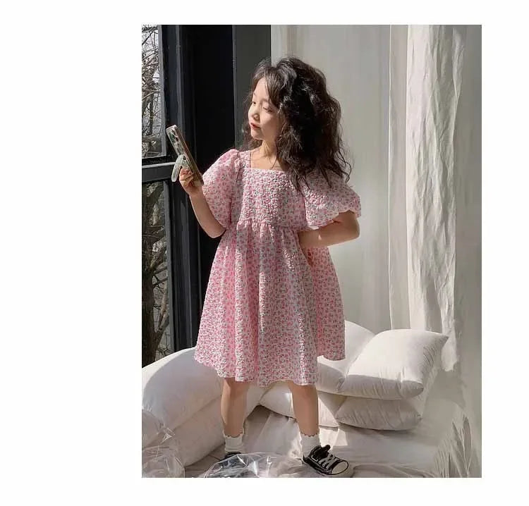 Girls Casual Dresses Floral Print Puffy Sleeves Dress Flower Girl Dresses Square Collar Clothes for Kids 3 To 7 Years - Sun Studio