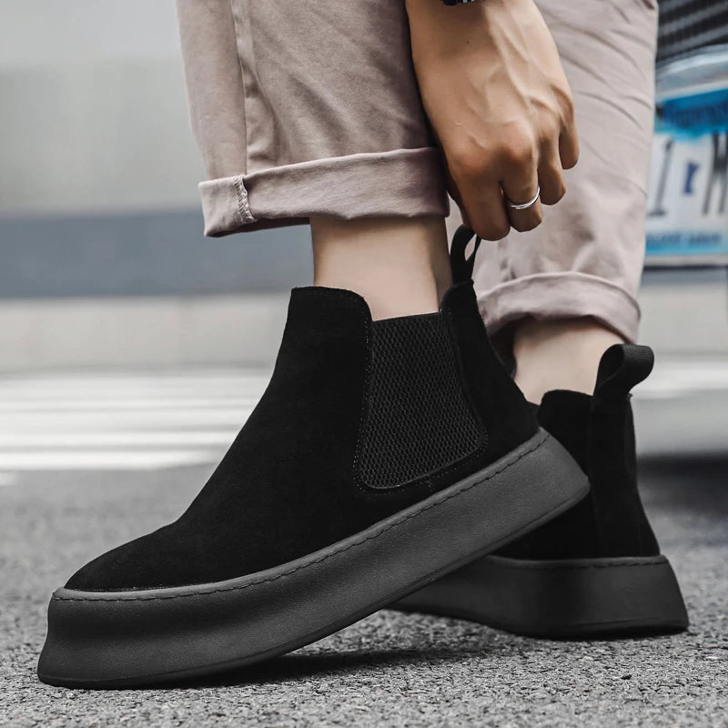 Mode Marke Herren Echtes Leder Mid Top Stiefel im Britischen Stil Herbst Winter Herren Rutschfeste und Abriebfeste Chelsea Boots