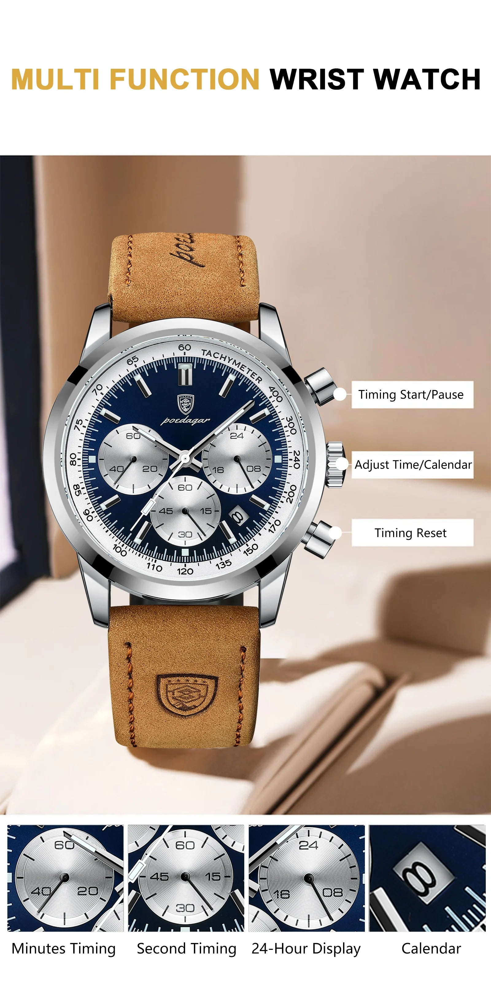 POEDAGAR Top Brand Men's Quartz Watch Waterproof Luminous Chronograph Military Man Watch Luxury Fashion Leather Watches For Men - Sun Studio