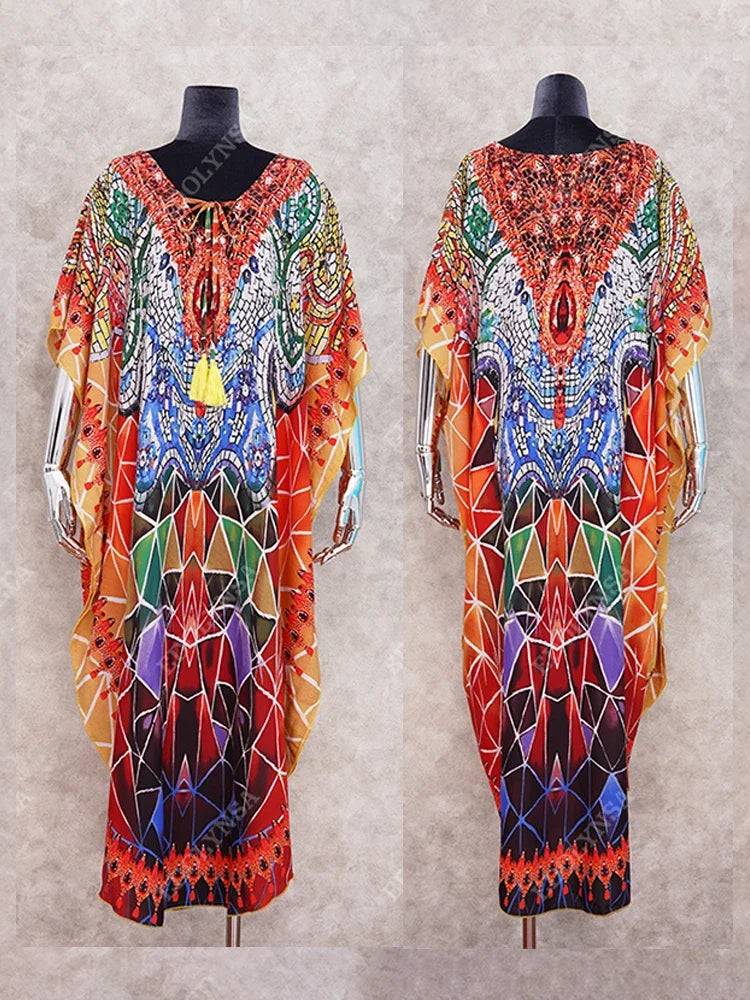 EDOLYNSA Bohemian Printed Women Plus Size vacation kaftan Summer Beach Maxi Dress Beachwear SwimSuit Cover Up beach wear  Q999 - Sun Studio