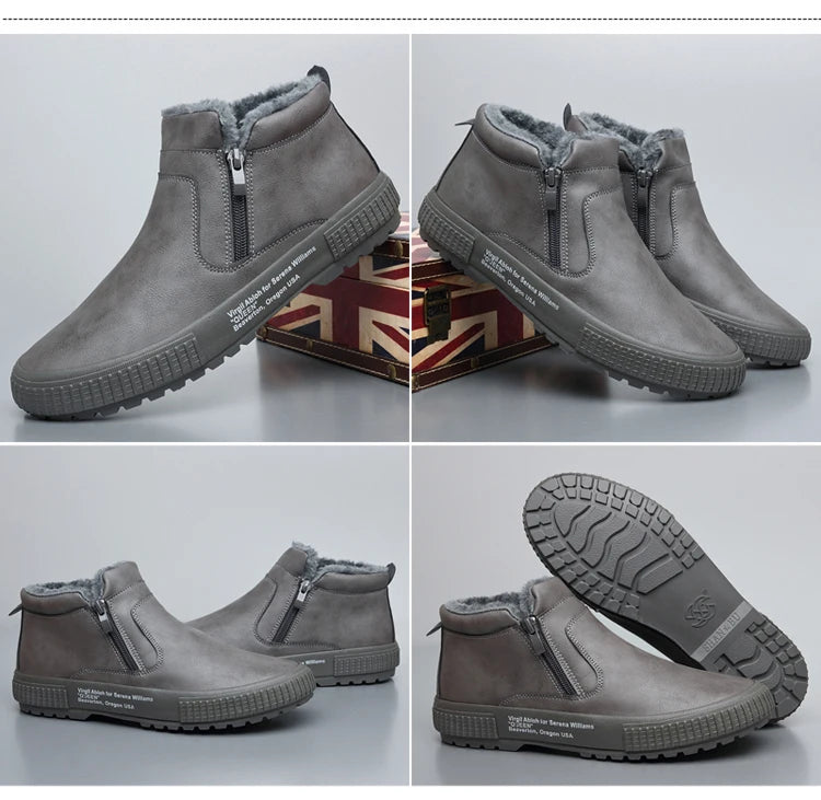 Man Winter Warm Leather Boots Warm Plush Inside High Tops Casual Shoes Slip on Keep Warm Thick Fur Men's Platform Ankle Boots - Sun Studio