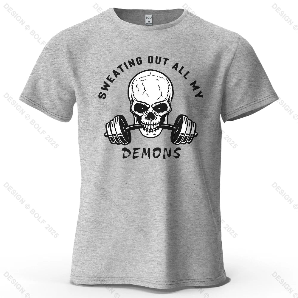 Fitness Skull Motivated Printed Men's T-Shirt 100% Cotton Oversized Gym Graphic Tees for Women Tops Tees Casual Streetwear - Sun Studio