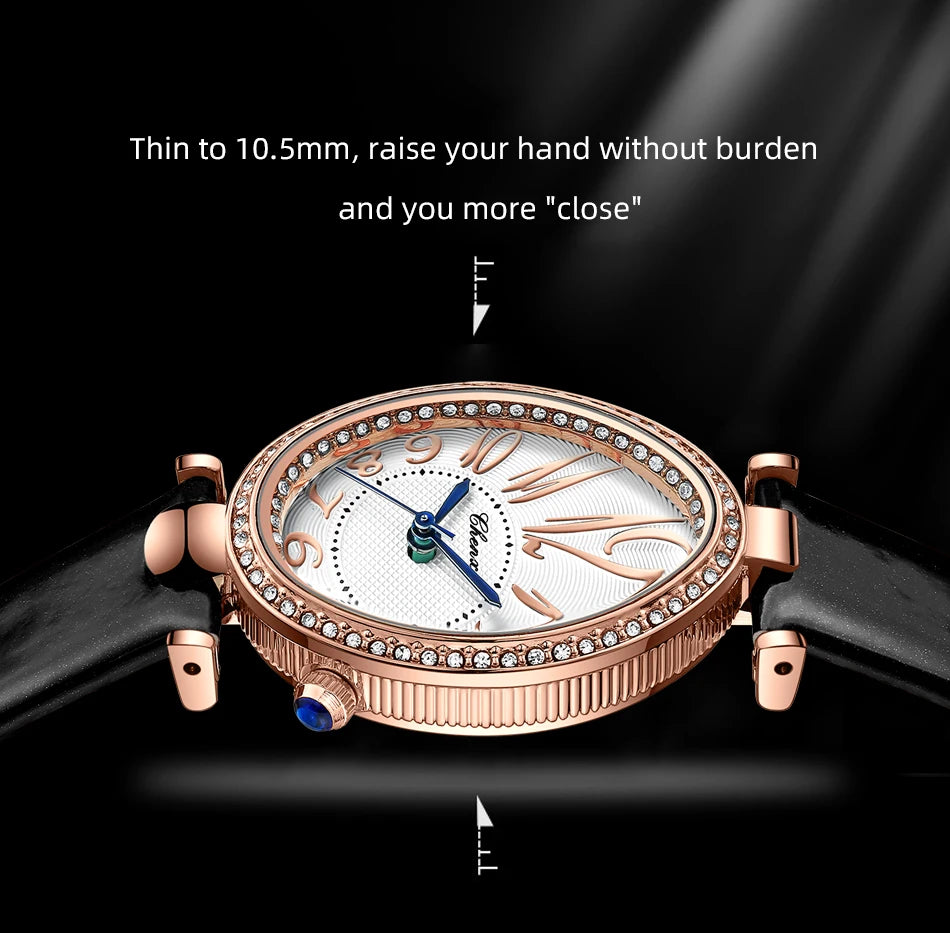 Luxury Watch For Women Diamond Waterproof Quartz Ladies Watches Fashion Elegant Oval Calendar Wristwatche Leather Strap - Sun Studio