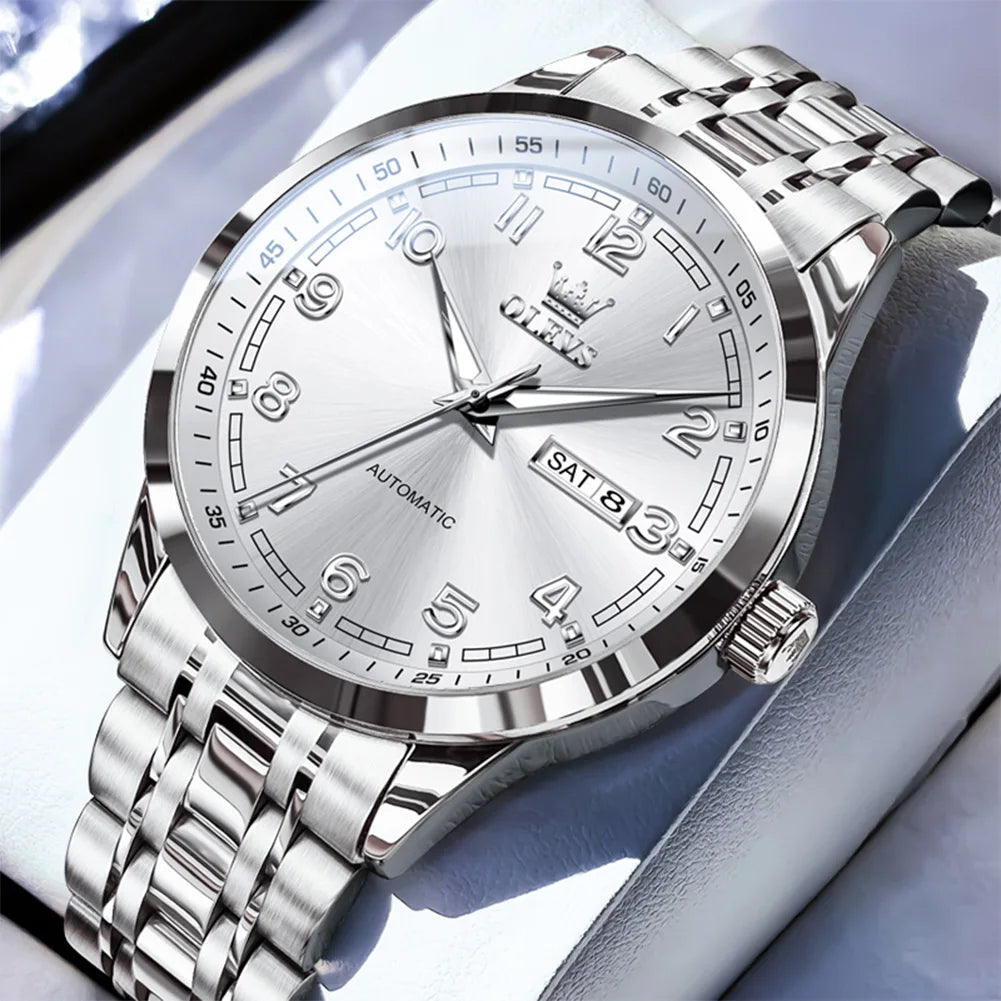 OLEVS Men Watches 7077 Luxury Fashion Top Brand Original Automatic Mechanical Watch for Man Double Scale Simple Trend Waterproof - Sun Studio