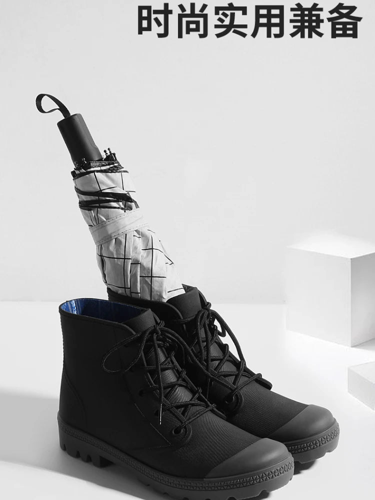 Winter Warm Rain Boots Men Fashion Lace-Up Motorcycle Outdoors Rain Boots Camping Fishing Shorts Shoes Waterproof Rain Women - Sun Studio