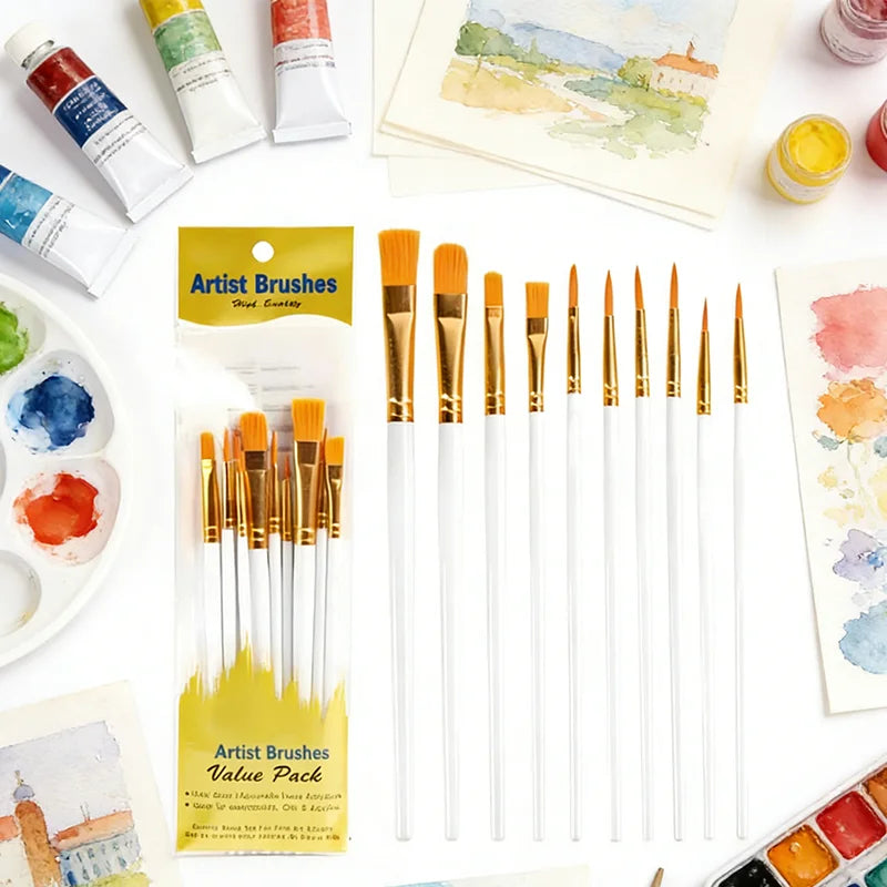 10-Piece Artist Paint Brush Set - Nylon Bristle Brushes for Watercolor/Acrylic/Oil Painting (Value Pack) - Sun Studio