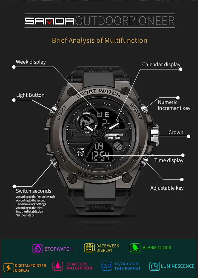 SANDA Top Luxury Watches Men Military Army Mens Watch Waterproof Sport Wristwatch Dual Display Watch Male Relogio Masculino - Sun Studio