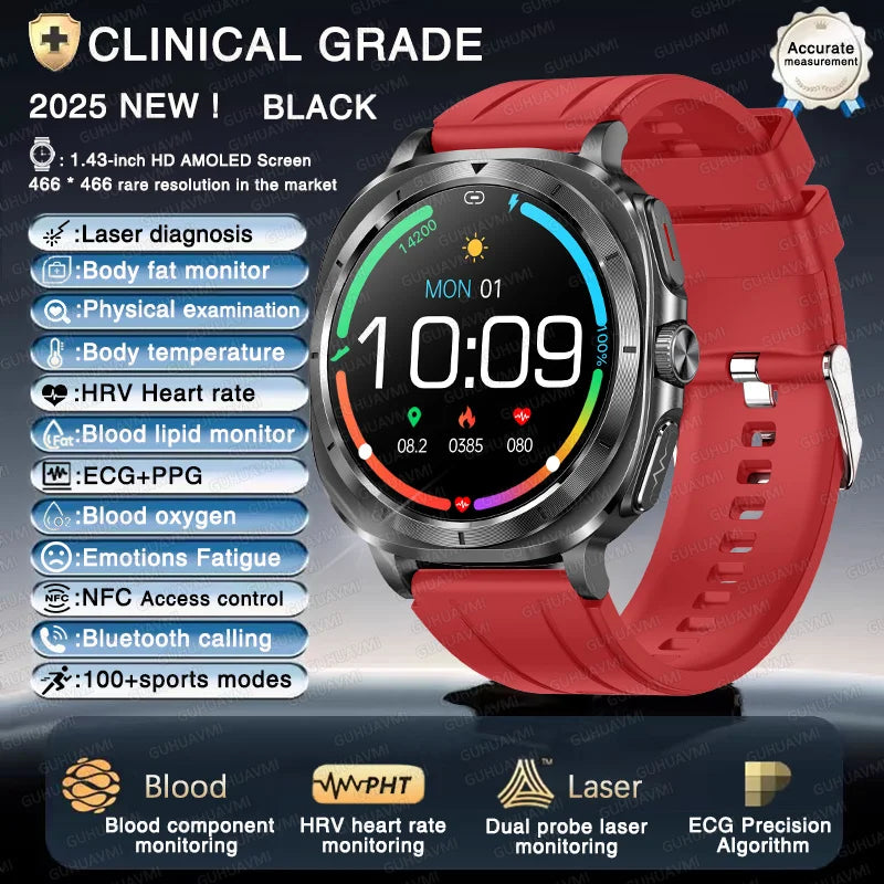 New ECG Laser Diagnosis Blood pressure Smart Watch Accurate Uric Acid Lipid Organ monitor Clock NFC Call Health Men Watches 2025 - Sun Studio