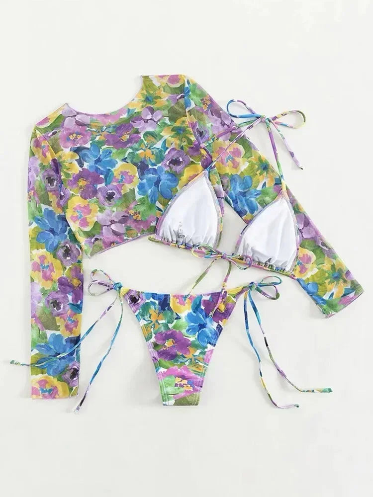 Flower Printed Long Sleeve Bikini Women Swimwear Female Swimsuit Three-pieces Bikini Set Micro Halter Bather Bathing Suit Swim - Sun Studio