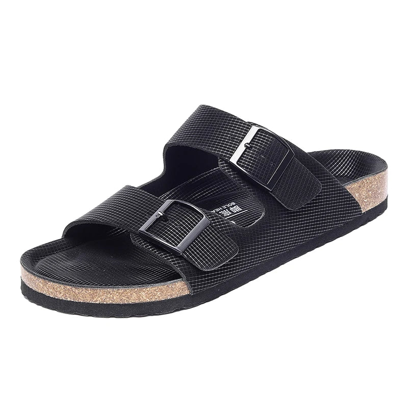 Summer Men Cork Slippers Slides Clogs Casual Slip On Sandals Double Buckle Women Microfiber Leather Unisex Big Size 47 48 49 - Sun Studio