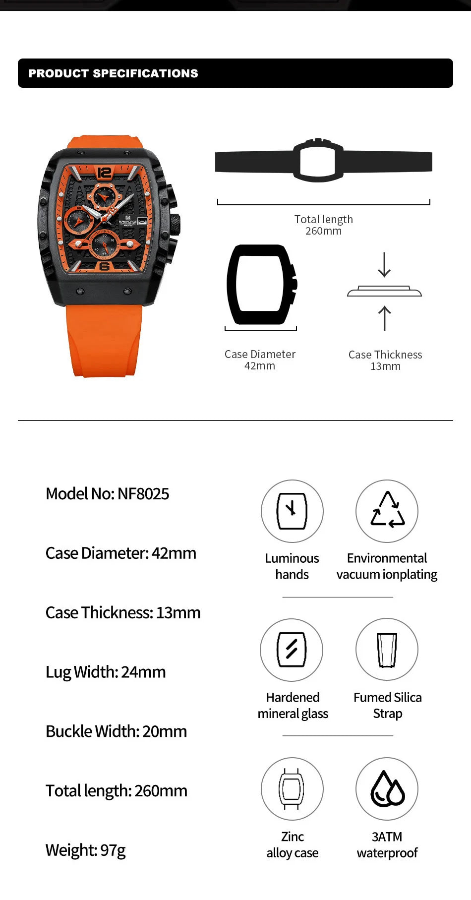 NAVIFORCE Creative Barrel-Shaped Dial Men Watches Fumed Silica Strap Waterproof Quartz Chronograph Date Display Male Wrist Watch - Sun Studio