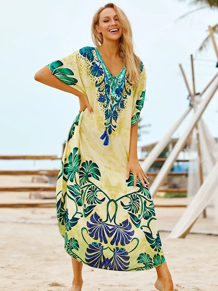 EDOLYNSA Bohemian Printed Women Plus Size vacation kaftan Summer Beach Maxi Dress Beachwear SwimSuit Cover Up beach wear  Q999 - Sun Studio