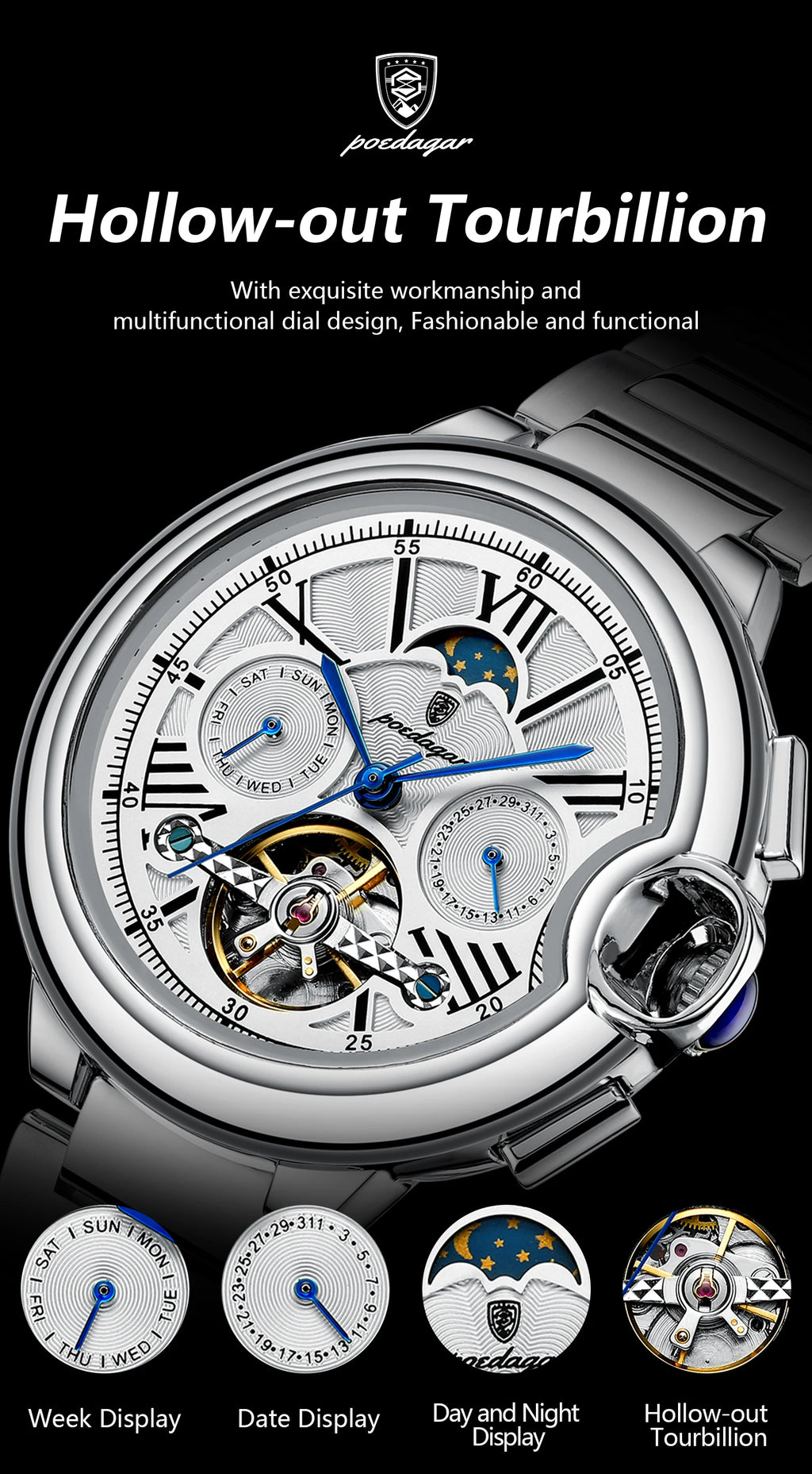 POEDAGAR Luxury Male Watch Business Date Week Stainless Steel Tourbillon Men Clock Waterproof Automatic Mechanical Men's Watches - Sun Studio