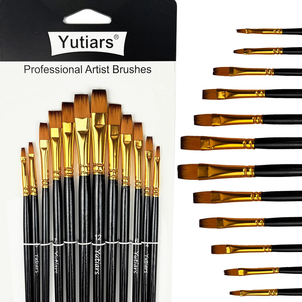 12pcs Flat Paint Brushes Set, Synthetic Nylon Bristles, Professional Artist Brushes for Oil, Acrylic, Watercolor Painting - Sun Studio