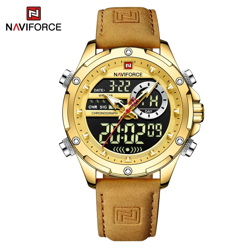 NAVIFORCE Luxus Original Uhren für Herren Freizeit Sport Chronograph Alarm Quarz Armbanduhr Leder Wasserdicht Digitale Uhr 9163