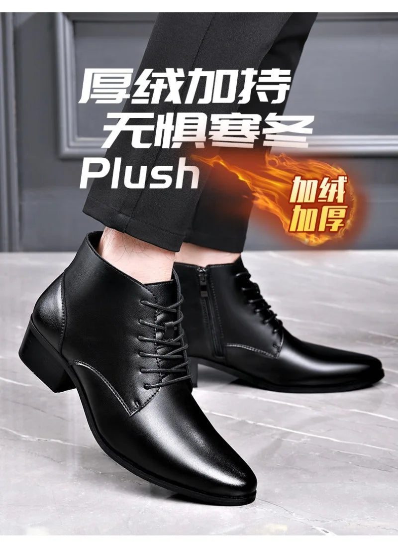 Men's Boots Fashion High-top Casual Boot Pointed Tip Business Leather Boots for Men Plush Warm Winter Boots Lace Up Ankle Botas - Sun Studio