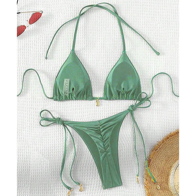 2 Pcs/Set Bikini Set Sexy Bikinis 2025 Bathing Suit Solid Color Halter Neck Strap Thong Women Swimsuit Set for Beach Swimwear - Sun Studio
