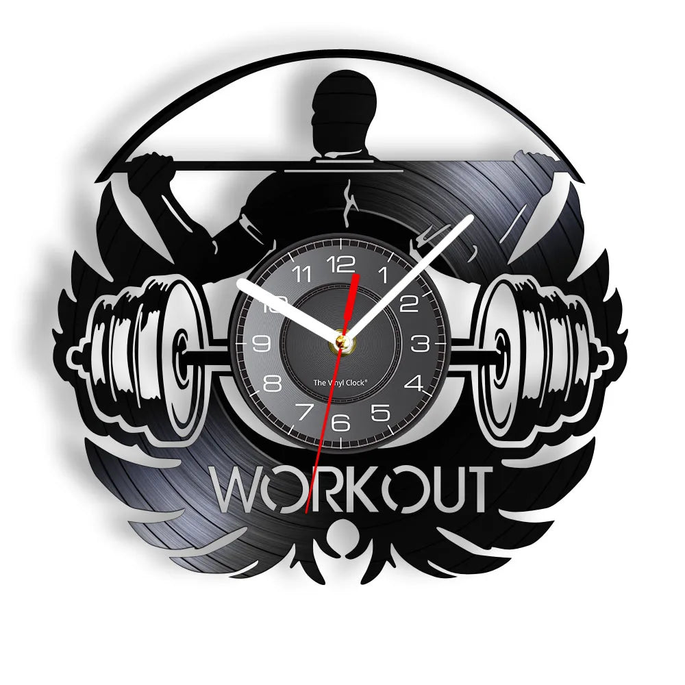 Fitness Equipment Theme Vinyl Record Fitness Wall Clock Home Decoration LED Backlight Modern Fitness Watch - Sun Studio